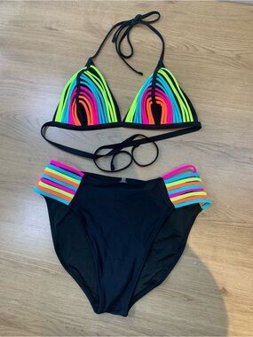 Popvil Neon Strappy Triangle Bikini Two Piece Swimsuit Set Black Multi XL